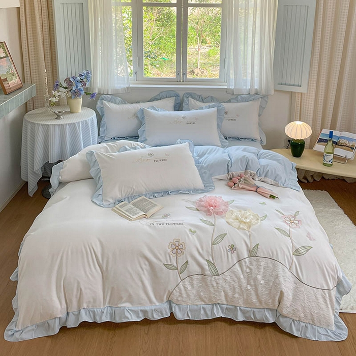 ab家纺 2025新款丽芙塔水洗棉蕾丝绣花四件套 丽芙塔-蓝日