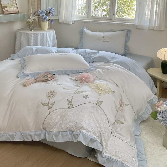 91家纺网 家纺一手货源 找家纺 ab家纺 2025新款丽芙塔水洗棉蕾丝绣花四件套 丽芙塔-蓝日