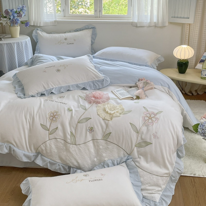 91家纺网 家纺一手货源 找家纺 ab家纺 2025新款丽芙塔水洗棉蕾丝绣花四件套 丽芙塔-蓝日