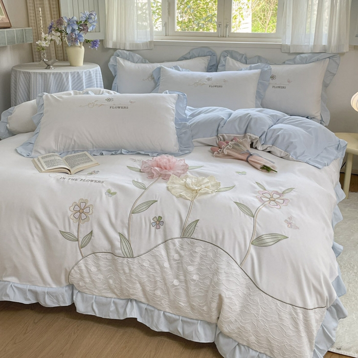 91家纺网 家纺一手货源 找家纺 ab家纺 2025新款丽芙塔水洗棉蕾丝绣花四件套 丽芙塔-蓝日