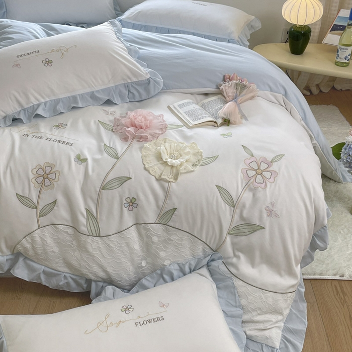 91家纺网 家纺一手货源 找家纺 ab家纺 2025新款丽芙塔水洗棉蕾丝绣花四件套 丽芙塔-蓝日