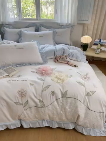 91家纺网 家纺一手货源 找家纺 ab家纺 2025新款丽芙塔水洗棉蕾丝绣花四件套 丽芙塔-蓝日