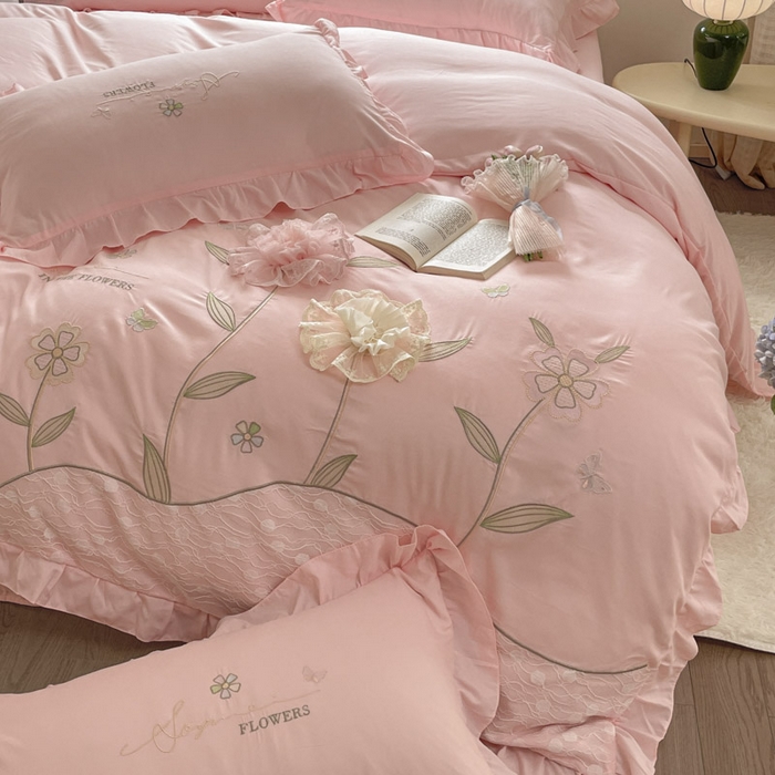 91家纺网 家纺一手货源 找家纺 ab家纺 2025新款丽芙塔水洗棉蕾丝绣花四件套 丽芙塔-梦幻粉