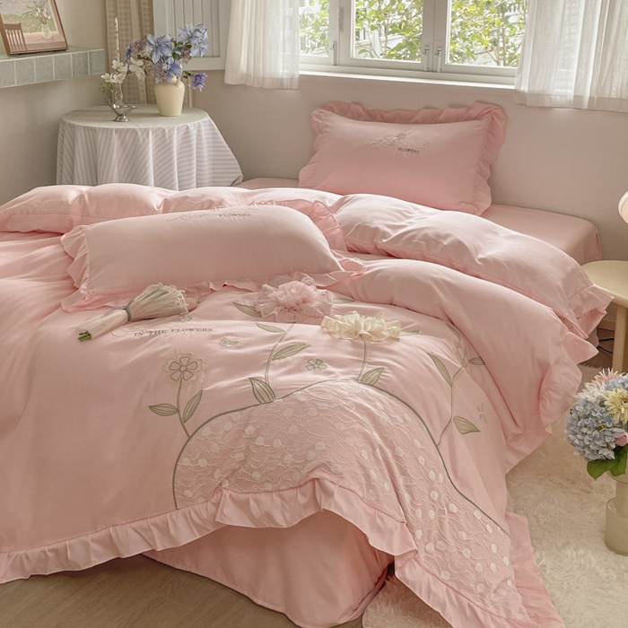 91家纺网 家纺一手货源 找家纺 ab家纺 2025新款丽芙塔水洗棉蕾丝绣花四件套 丽芙塔-梦幻粉