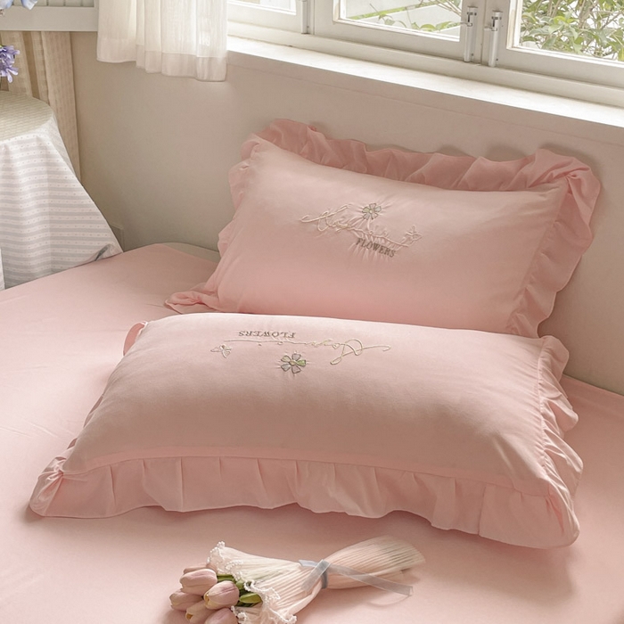 91家纺网 家纺一手货源 找家纺 ab家纺 2025新款丽芙塔水洗棉蕾丝绣花四件套 丽芙塔-梦幻粉