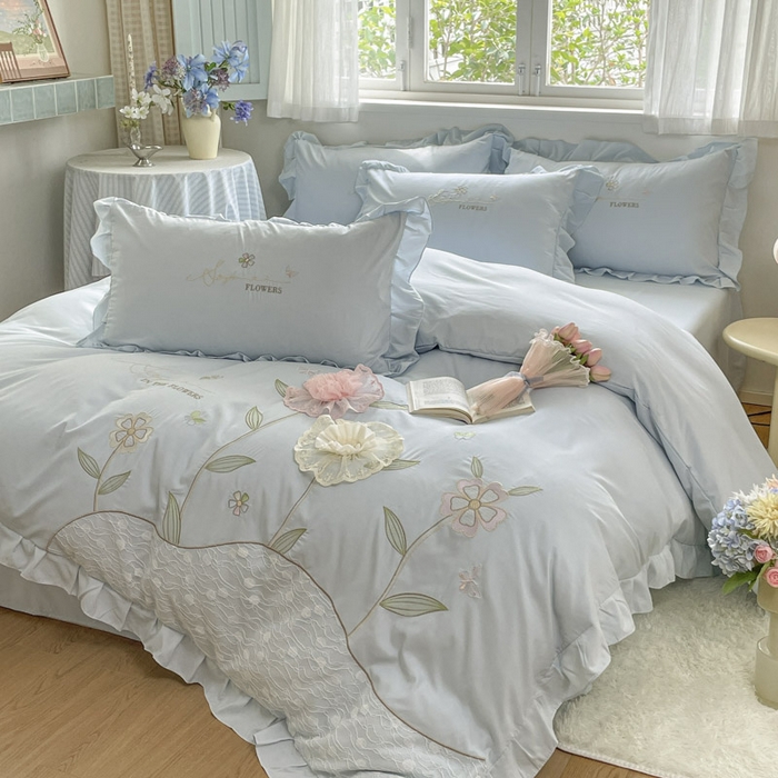 91家纺网 家纺一手货源 找家纺 ab家纺 2025新款丽芙塔水洗棉蕾丝绣花四件套 丽芙塔-天空蓝