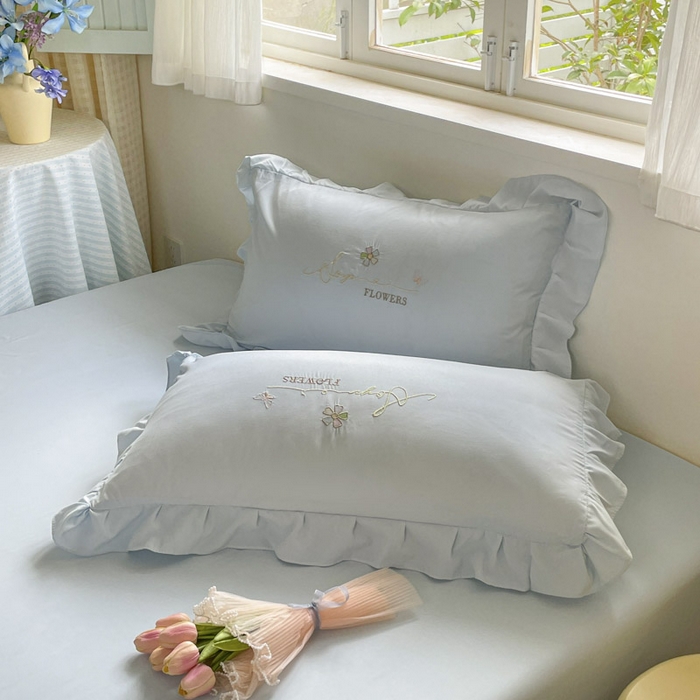 91家纺网 家纺一手货源 找家纺 ab家纺 2025新款丽芙塔水洗棉蕾丝绣花四件套 丽芙塔-天空蓝