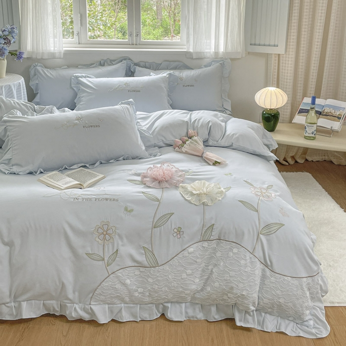 91家纺网 家纺一手货源 找家纺 ab家纺 2025新款丽芙塔水洗棉蕾丝绣花四件套 丽芙塔-天空蓝