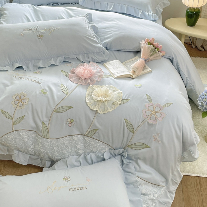 91家纺网 家纺一手货源 找家纺 ab家纺 2025新款丽芙塔水洗棉蕾丝绣花四件套 丽芙塔-天空蓝