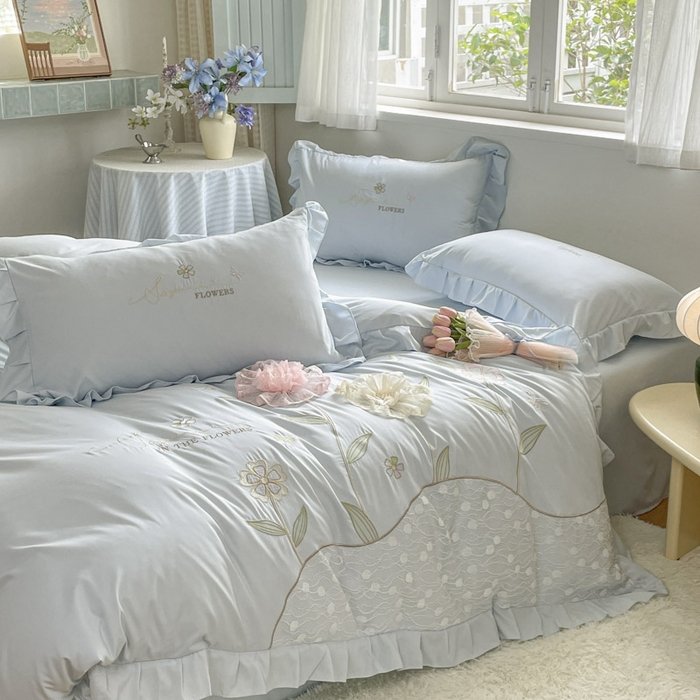 91家纺网 家纺一手货源 找家纺 ab家纺 2025新款丽芙塔水洗棉蕾丝绣花四件套 丽芙塔-天空蓝