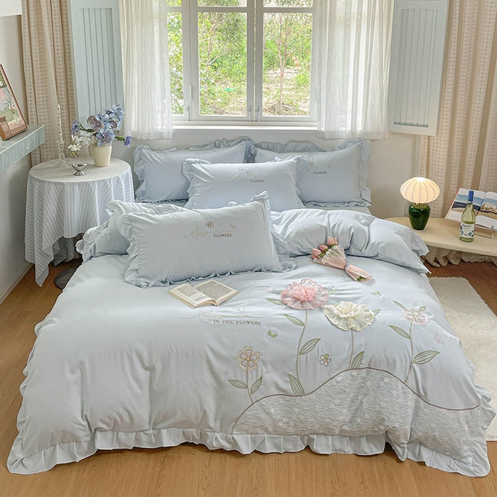 ab家纺 2025新款丽芙塔水洗棉蕾丝绣花四件套 丽芙塔-天空蓝