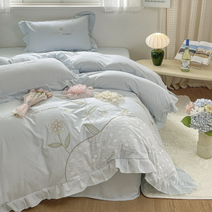 91家纺网 家纺一手货源 找家纺 ab家纺 2025新款丽芙塔水洗棉蕾丝绣花四件套 丽芙塔-天空蓝