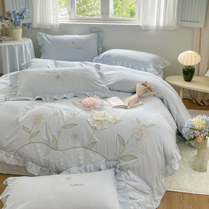 91家纺网 家纺一手货源 找家纺 ab家纺 2025新款丽芙塔水洗棉蕾丝绣花四件套 丽芙塔-天空蓝