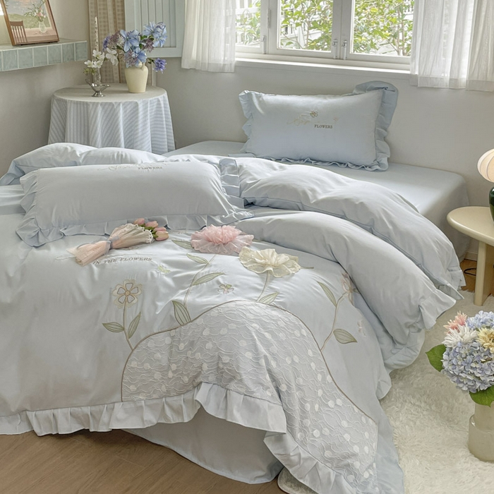 91家纺网 家纺一手货源 找家纺 ab家纺 2025新款丽芙塔水洗棉蕾丝绣花四件套 丽芙塔-天空蓝