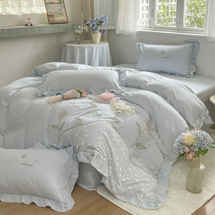 91家纺网 家纺一手货源 找家纺 ab家纺 2025新款丽芙塔水洗棉蕾丝绣花四件套 丽芙塔-天空蓝