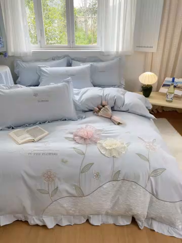 91家纺网 家纺一手货源 找家纺 ab家纺 2025新款丽芙塔水洗棉蕾丝绣花四件套 丽芙塔-天空蓝