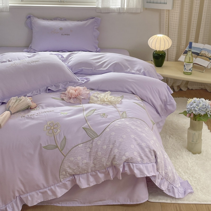 91家纺网 家纺一手货源 找家纺 ab家纺 2025新款丽芙塔水洗棉蕾丝绣花四件套 丽芙塔-香芋紫