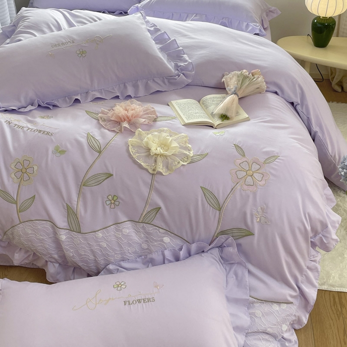 91家纺网 家纺一手货源 找家纺 ab家纺 2025新款丽芙塔水洗棉蕾丝绣花四件套 丽芙塔-香芋紫