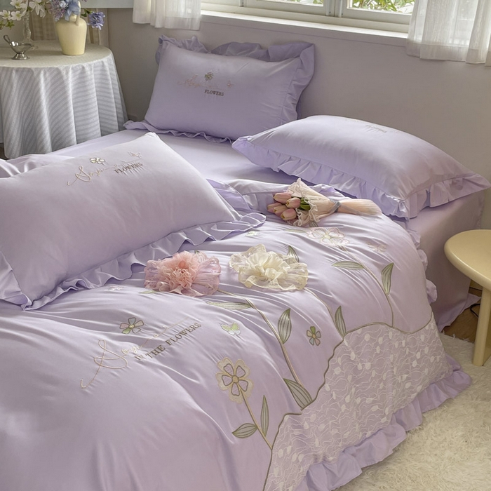 91家纺网 家纺一手货源 找家纺 ab家纺 2025新款丽芙塔水洗棉蕾丝绣花四件套 丽芙塔-香芋紫