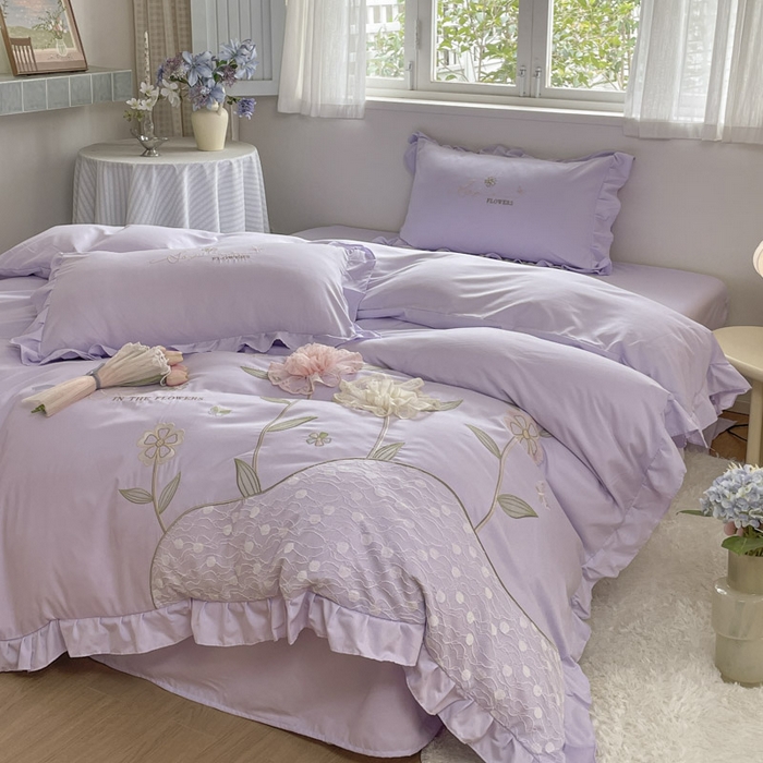 91家纺网 家纺一手货源 找家纺 ab家纺 2025新款丽芙塔水洗棉蕾丝绣花四件套 丽芙塔-香芋紫