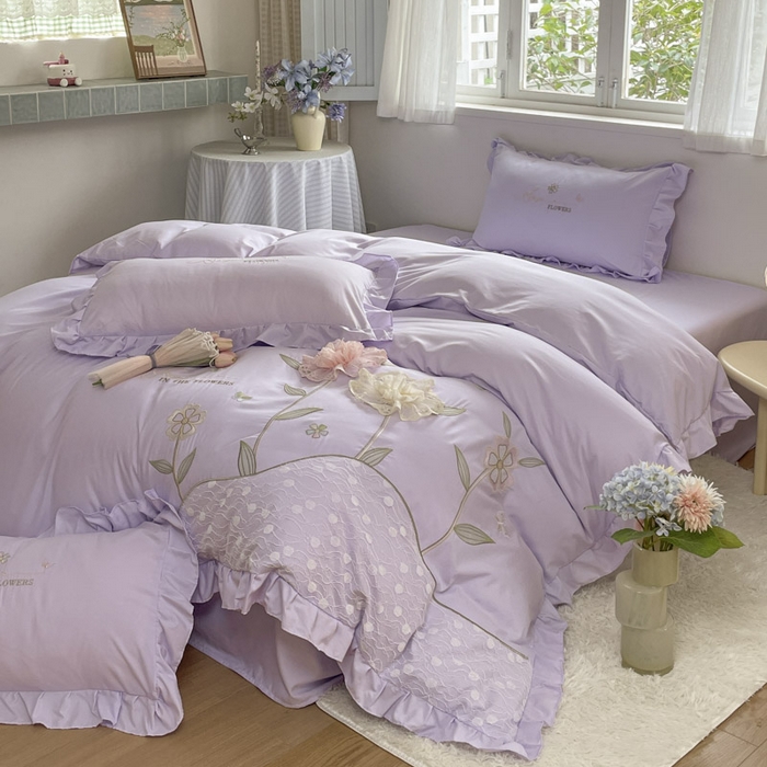 91家纺网 家纺一手货源 找家纺 ab家纺 2025新款丽芙塔水洗棉蕾丝绣花四件套 丽芙塔-香芋紫