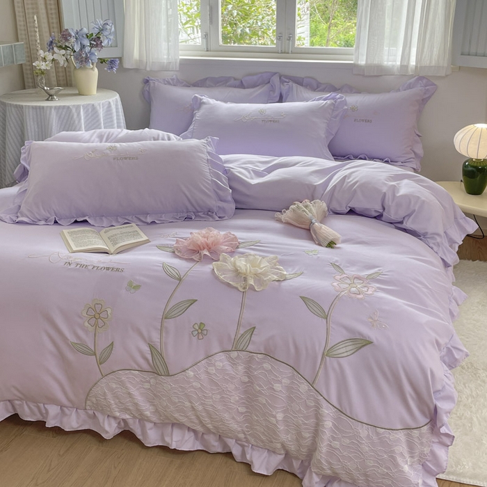 91家纺网 家纺一手货源 找家纺 ab家纺 2025新款丽芙塔水洗棉蕾丝绣花四件套 丽芙塔-香芋紫