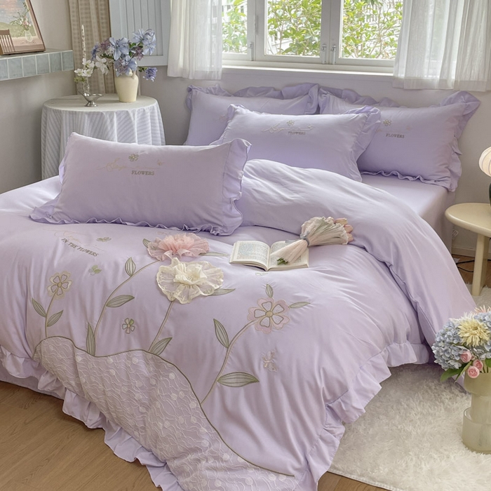 91家纺网 家纺一手货源 找家纺 ab家纺 2025新款丽芙塔水洗棉蕾丝绣花四件套 丽芙塔-香芋紫