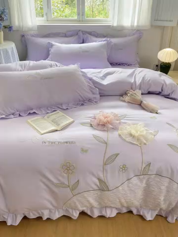 91家纺网 家纺一手货源 找家纺 ab家纺 2025新款丽芙塔水洗棉蕾丝绣花四件套 丽芙塔-香芋紫