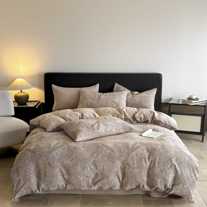 91家纺网 家纺一手货源 找家纺 ab家纺 2025新款全棉纯棉提花四件套-款式一 简影-浅咖