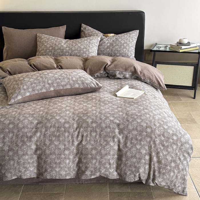 91家纺网 家纺一手货源 找家纺 ab家纺 2025新款全棉纯棉提花四件套-款式二 异想空间-深咖