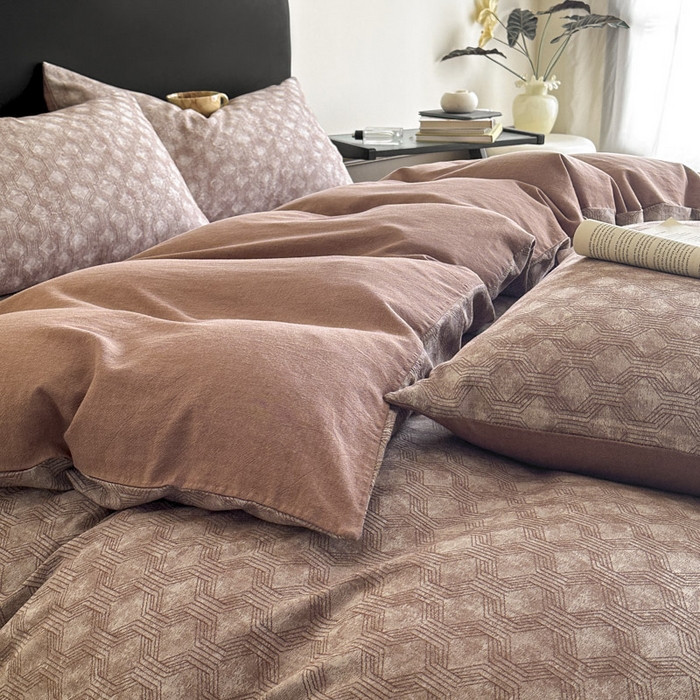 91家纺网 家纺一手货源 找家纺 ab家纺 2025新款全棉纯棉提花四件套-款式二 异想空间-红咖