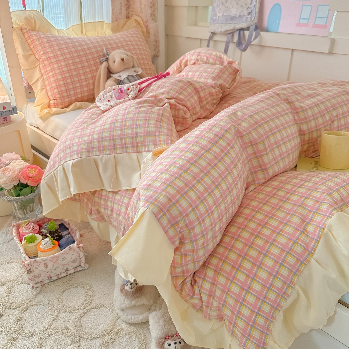 91家纺网 家纺一手货源 找家纺 （总）子钦家纺 2025新款云朵棉水洗棉复古风奶油花边四件套学生宿舍开学季-罗密欧