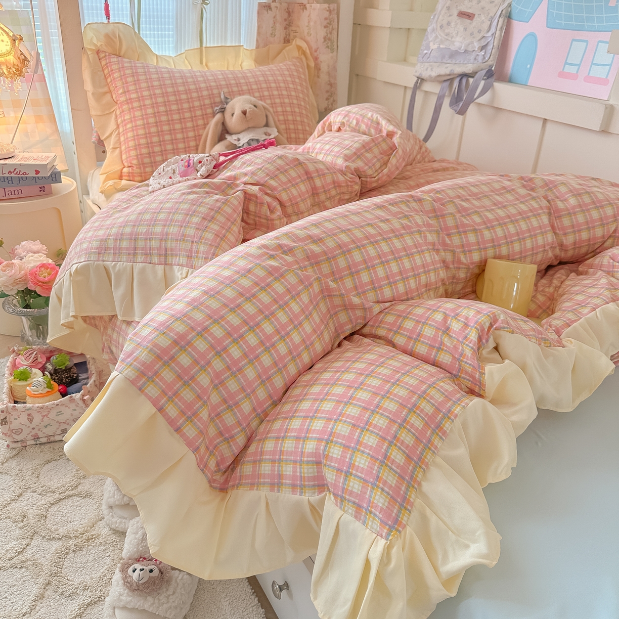 91家纺网 家纺一手货源 找家纺 （总）子钦家纺 2025新款云朵棉水洗棉复古风奶油花边四件套学生宿舍开学季-罗密欧