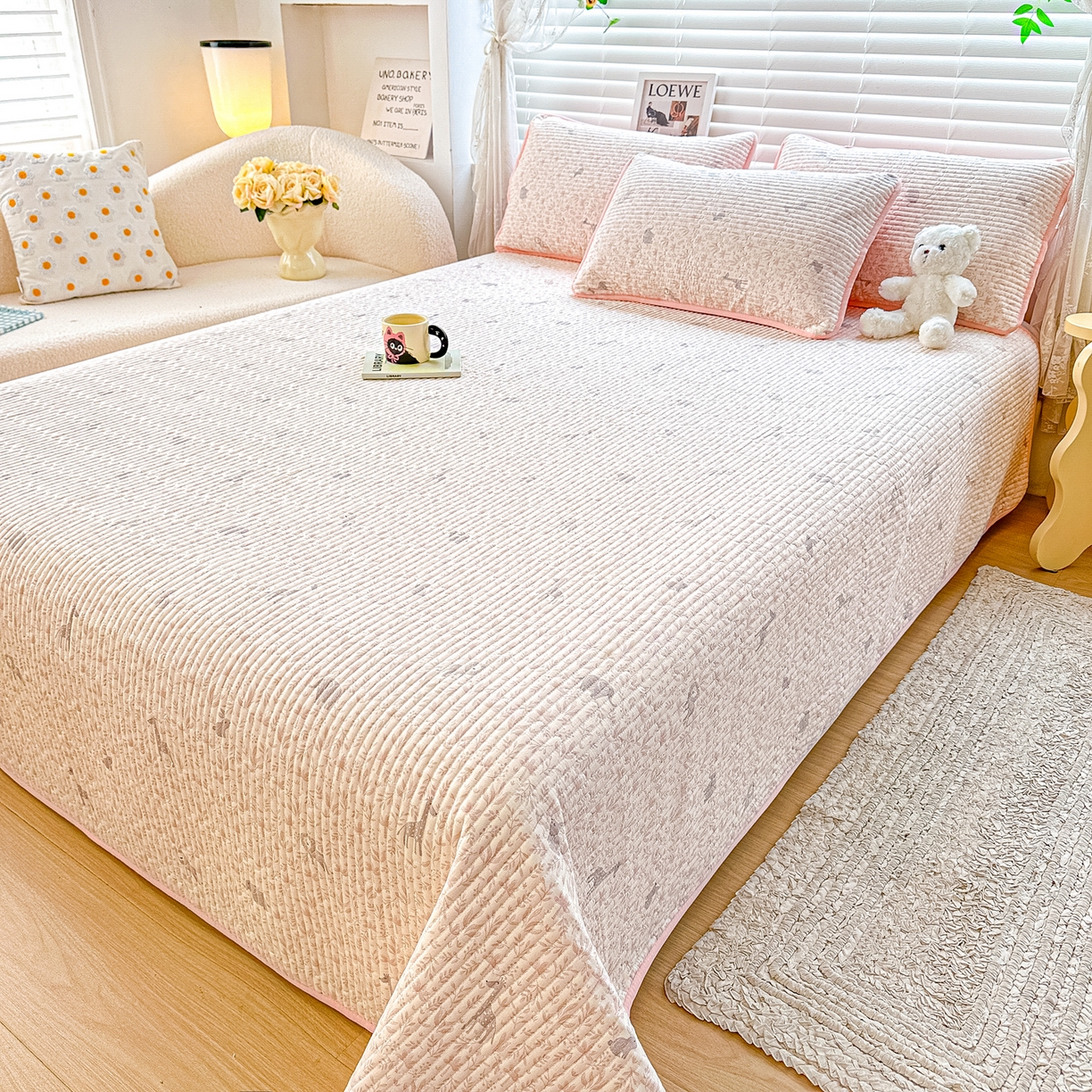 91家纺网 家纺一手货源 找家纺 （总）橘夏家纺 2025新款全棉双层纱床盖单件全棉夹棉学生床垫榻榻米不移位床盖三件套