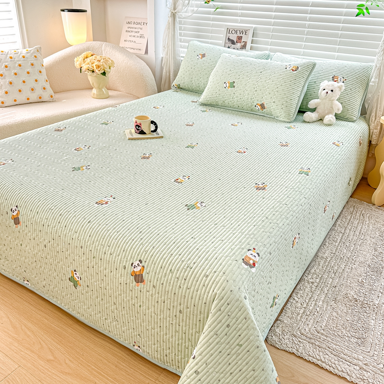 橘夏家纺 2025新款全棉双层纱床盖单件全棉夹棉学生床垫榻榻米不移位床盖三件套 功夫熊猫