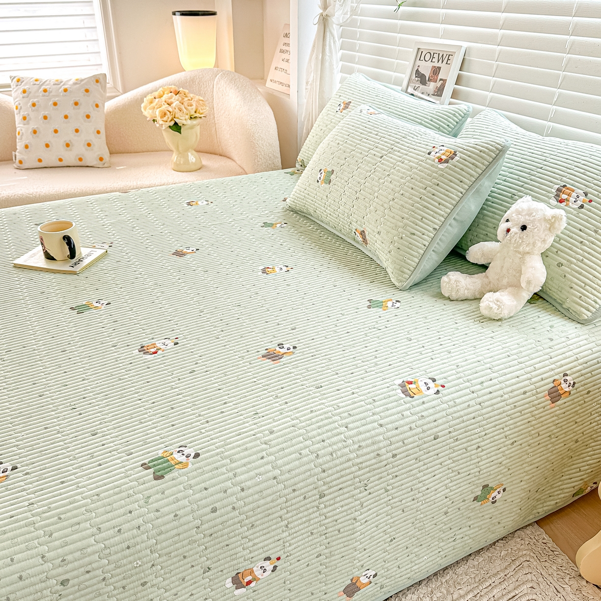 91家纺网 家纺一手货源 找家纺 橘夏家纺 2025新款全棉双层纱床盖单件全棉夹棉学生床垫榻榻米不移位床盖三件套 功夫熊猫