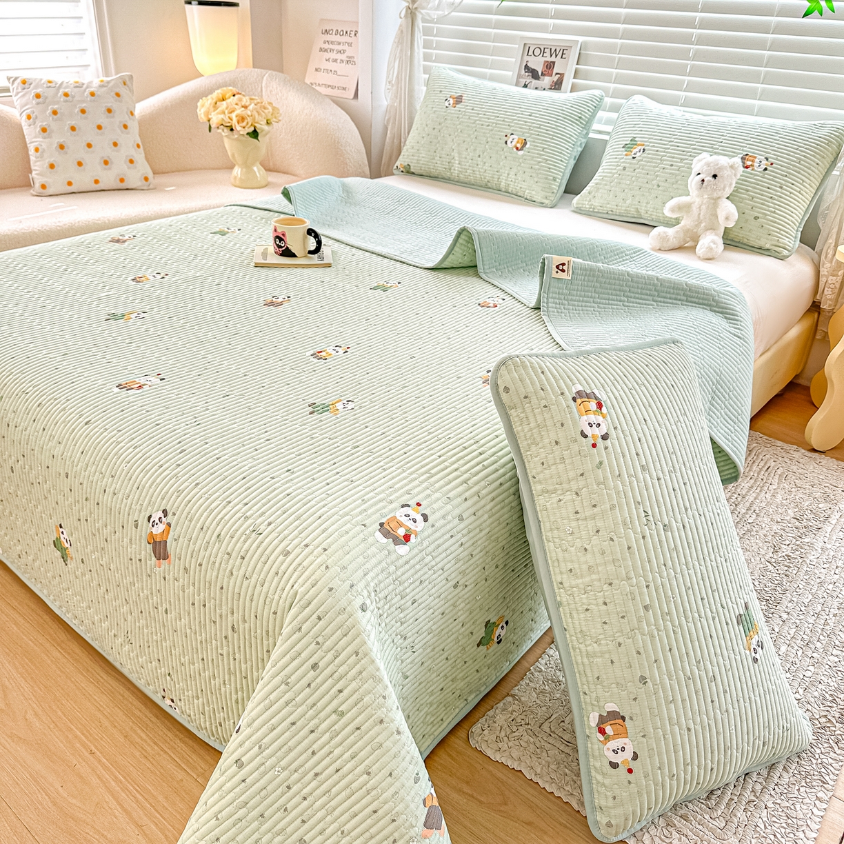 91家纺网 家纺一手货源 找家纺 橘夏家纺 2025新款全棉双层纱床盖单件全棉夹棉学生床垫榻榻米不移位床盖三件套 功夫熊猫