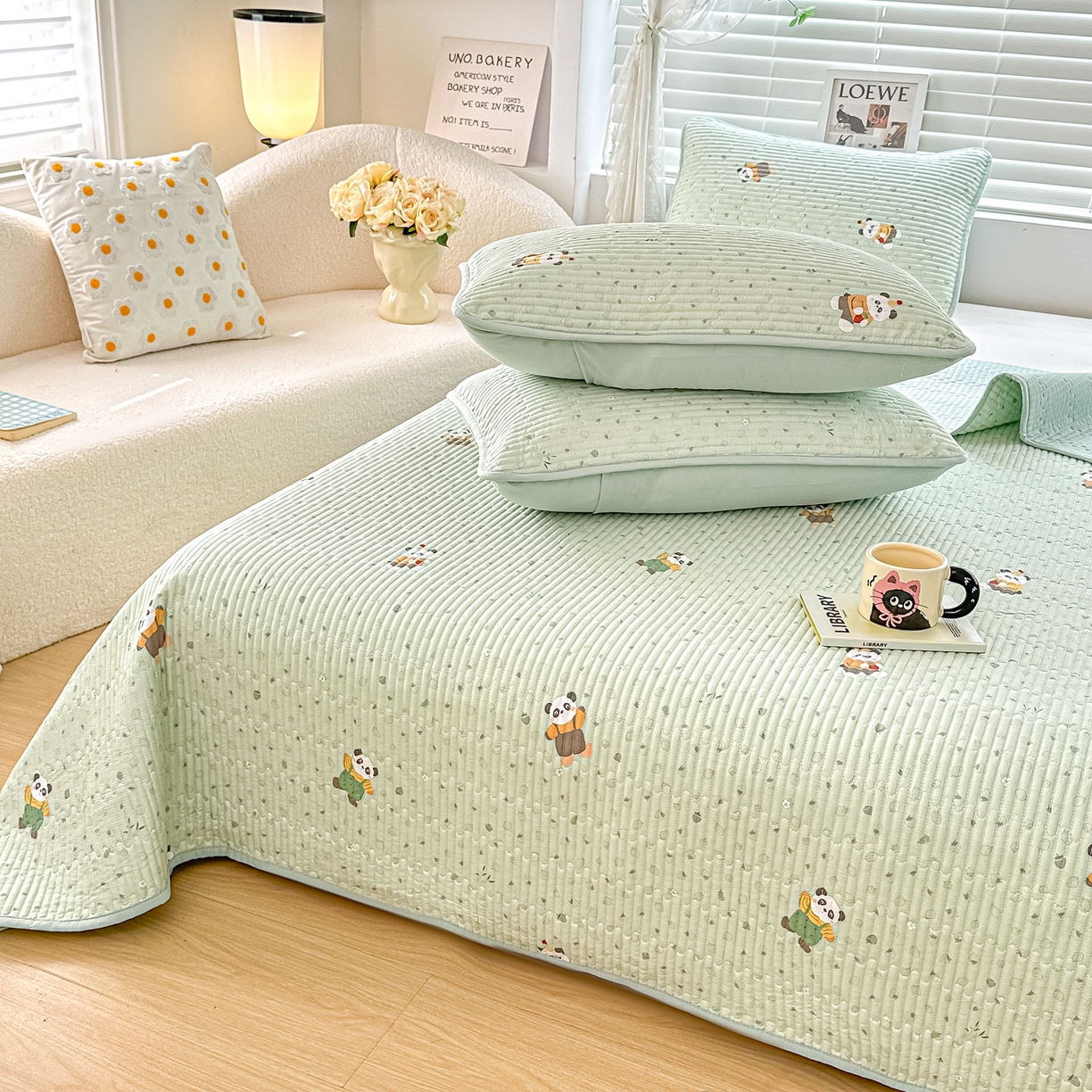 91家纺网 家纺一手货源 找家纺 橘夏家纺 2025新款全棉双层纱床盖单件全棉夹棉学生床垫榻榻米不移位床盖三件套 功夫熊猫