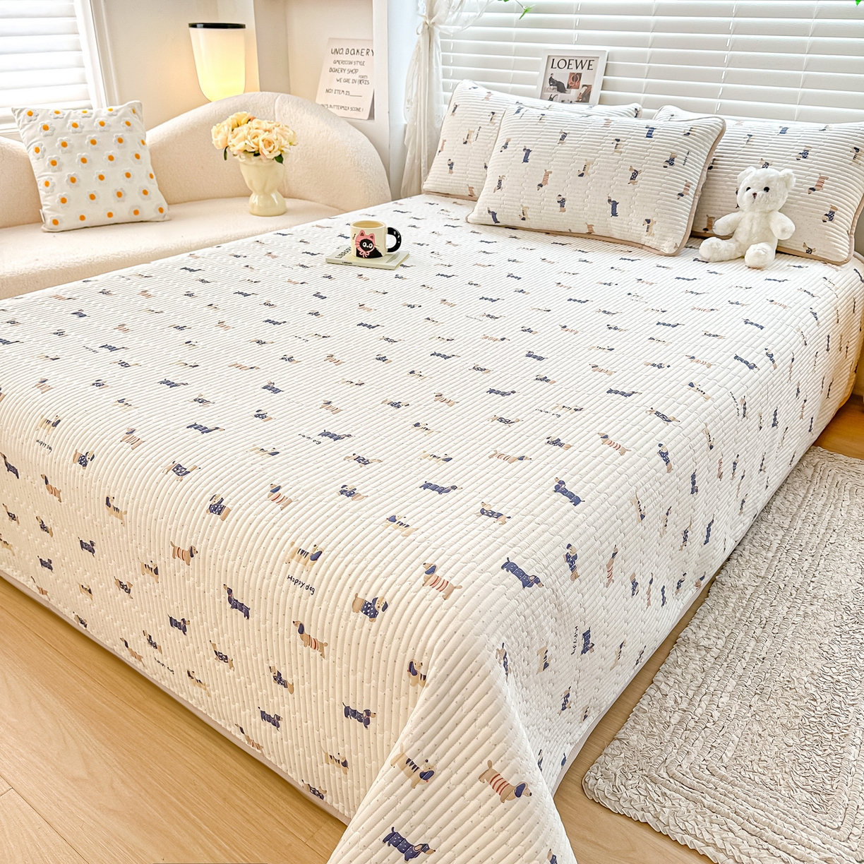 橘夏家纺 2025新款全棉双层纱床盖单件全棉夹棉学生床垫榻榻米不移位床盖三件套 腊肠狗