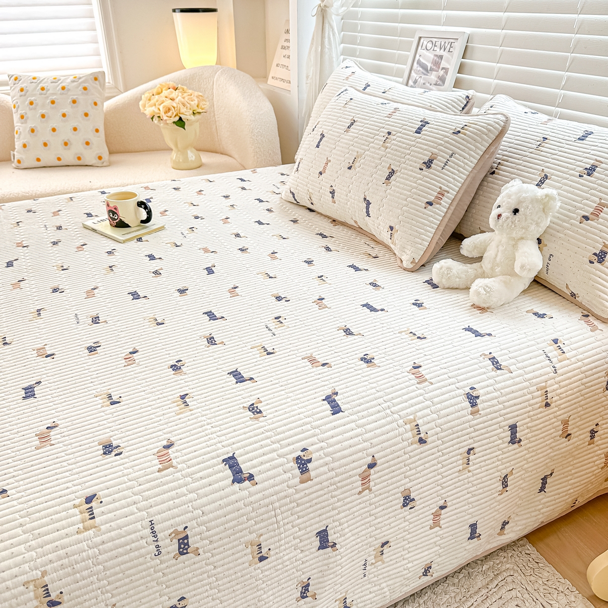 91家纺网 家纺一手货源 找家纺 橘夏家纺 2025新款全棉双层纱床盖单件全棉夹棉学生床垫榻榻米不移位床盖三件套 腊肠狗