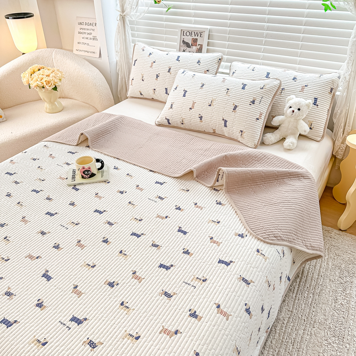 91家纺网 家纺一手货源 找家纺 橘夏家纺 2025新款全棉双层纱床盖单件全棉夹棉学生床垫榻榻米不移位床盖三件套 腊肠狗