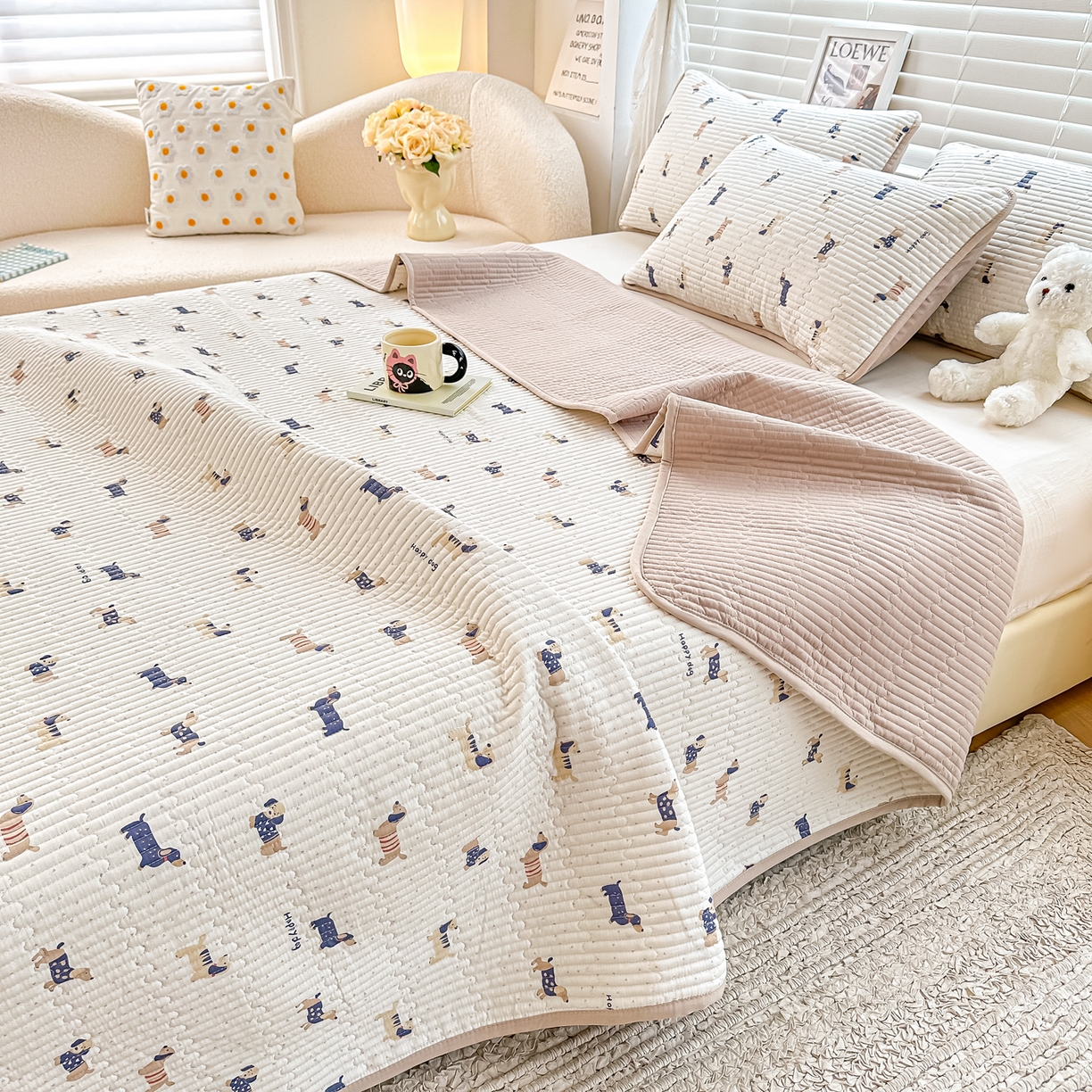 91家纺网 家纺一手货源 找家纺 橘夏家纺 2025新款全棉双层纱床盖单件全棉夹棉学生床垫榻榻米不移位床盖三件套 腊肠狗