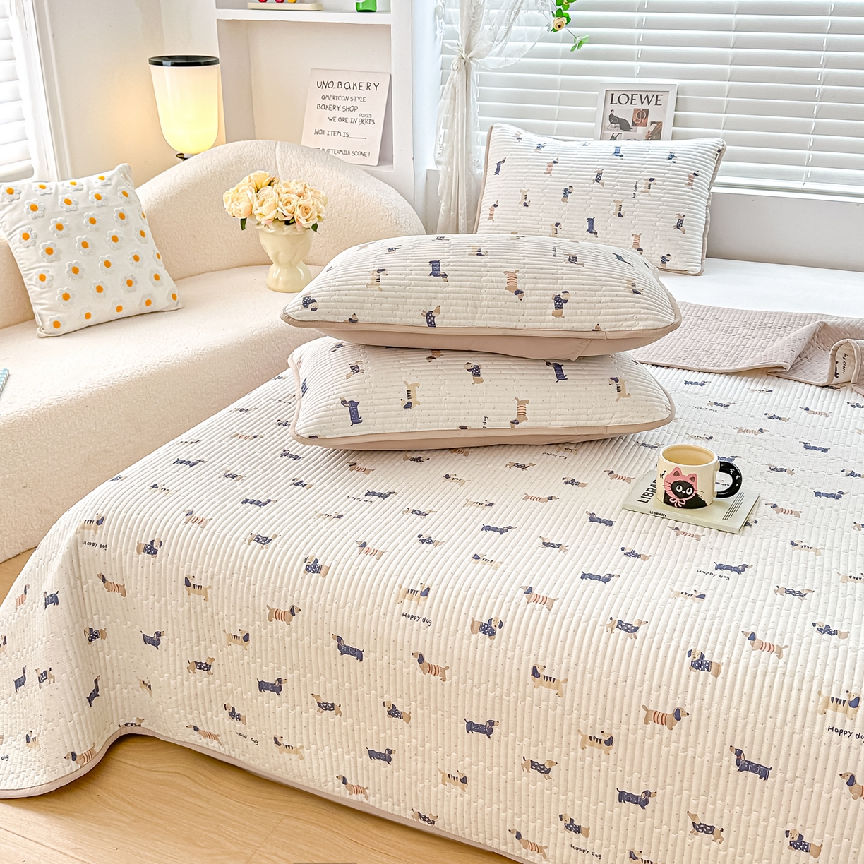 91家纺网 家纺一手货源 找家纺 橘夏家纺 2025新款全棉双层纱床盖单件全棉夹棉学生床垫榻榻米不移位床盖三件套 腊肠狗