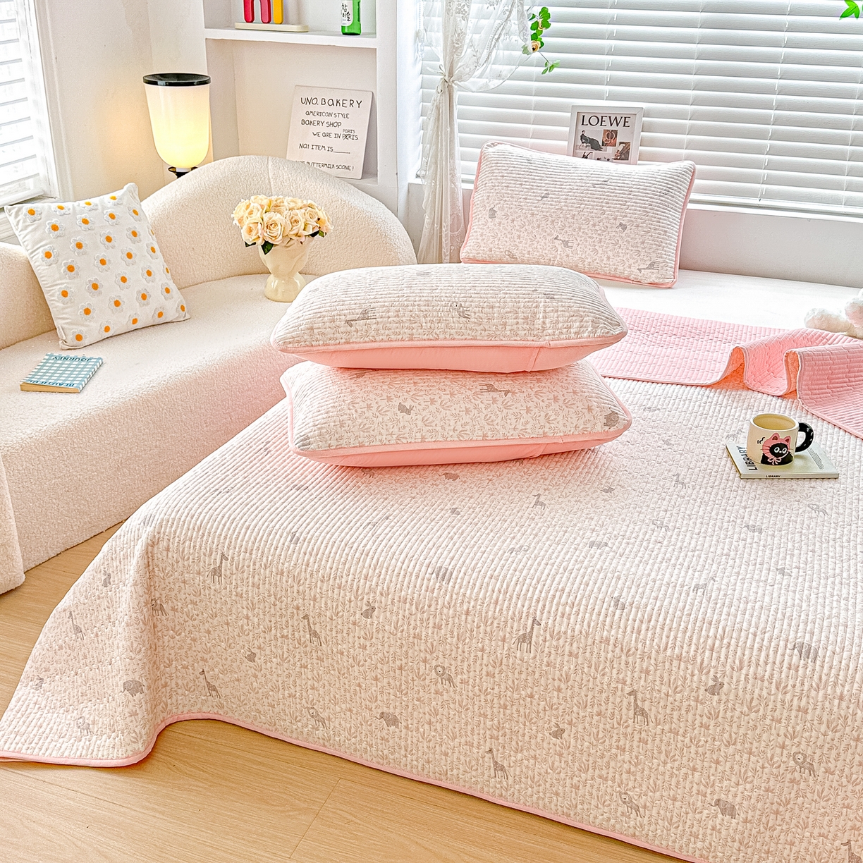 91家纺网 家纺一手货源 找家纺 橘夏家纺 2025新款全棉双层纱床盖单件全棉夹棉学生床垫榻榻米不移位床盖三件套 灵鹿粉