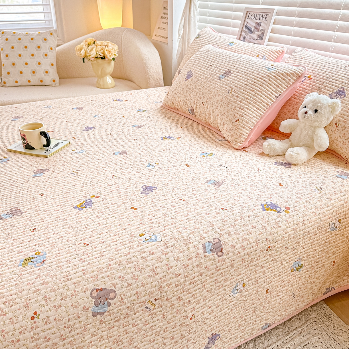 91家纺网 家纺一手货源 找家纺 橘夏家纺 2025新款全棉双层纱床盖单件全棉夹棉学生床垫榻榻米不移位床盖三件套 皮皮象