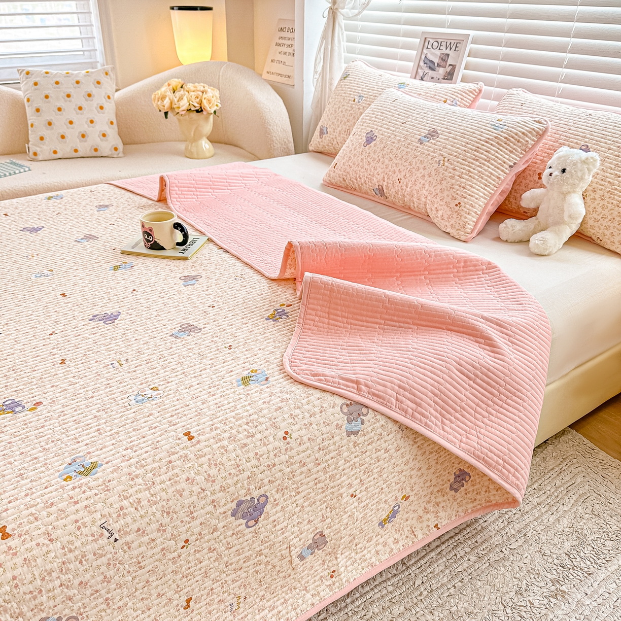 91家纺网 家纺一手货源 找家纺 橘夏家纺 2025新款全棉双层纱床盖单件全棉夹棉学生床垫榻榻米不移位床盖三件套 皮皮象