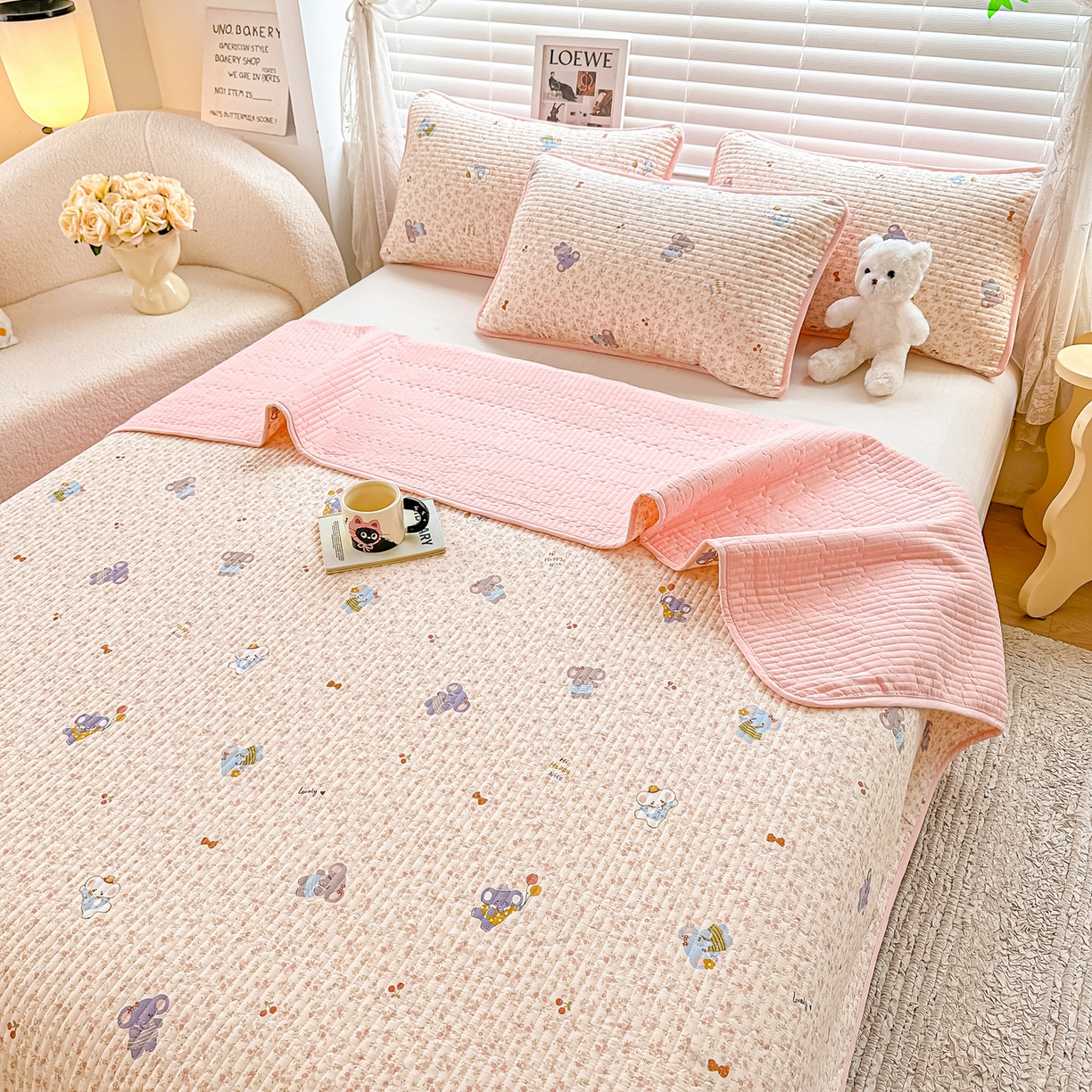 91家纺网 家纺一手货源 找家纺 橘夏家纺 2025新款全棉双层纱床盖单件全棉夹棉学生床垫榻榻米不移位床盖三件套 皮皮象