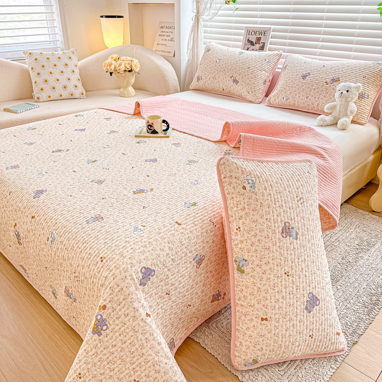 91家纺网 家纺一手货源 找家纺 橘夏家纺 2025新款全棉双层纱床盖单件全棉夹棉学生床垫榻榻米不移位床盖三件套 皮皮象