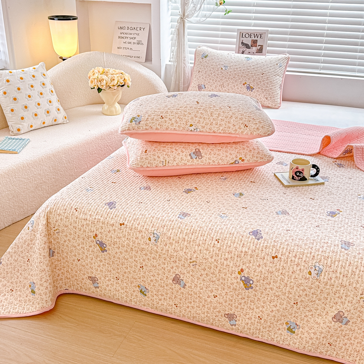 91家纺网 家纺一手货源 找家纺 橘夏家纺 2025新款全棉双层纱床盖单件全棉夹棉学生床垫榻榻米不移位床盖三件套 皮皮象