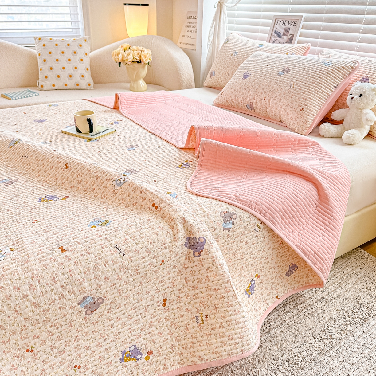 91家纺网 家纺一手货源 找家纺 橘夏家纺 2025新款全棉双层纱床盖单件全棉夹棉学生床垫榻榻米不移位床盖三件套 皮皮象